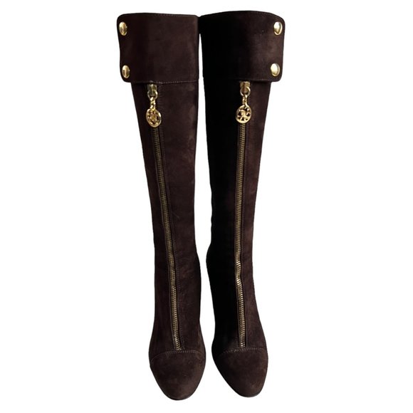 Bellofatto boots knee high brown suede zip up gold block heel size 6.5 - Picture 2 of 11